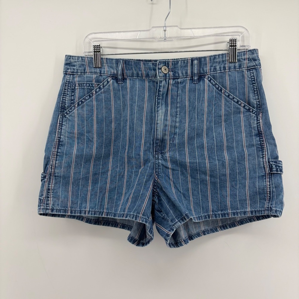 American Eagle Women 10 Blue Pinstripe 90s Boyfriend Shorts Highest Rise Utility
